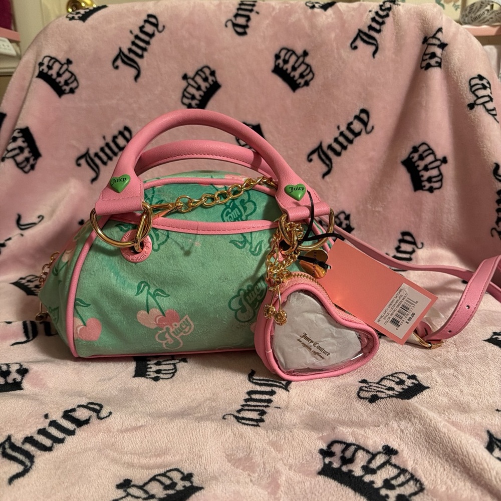 Juicy Couture Mint Green & Pink Heart Charm Satchel with Gold Hardware